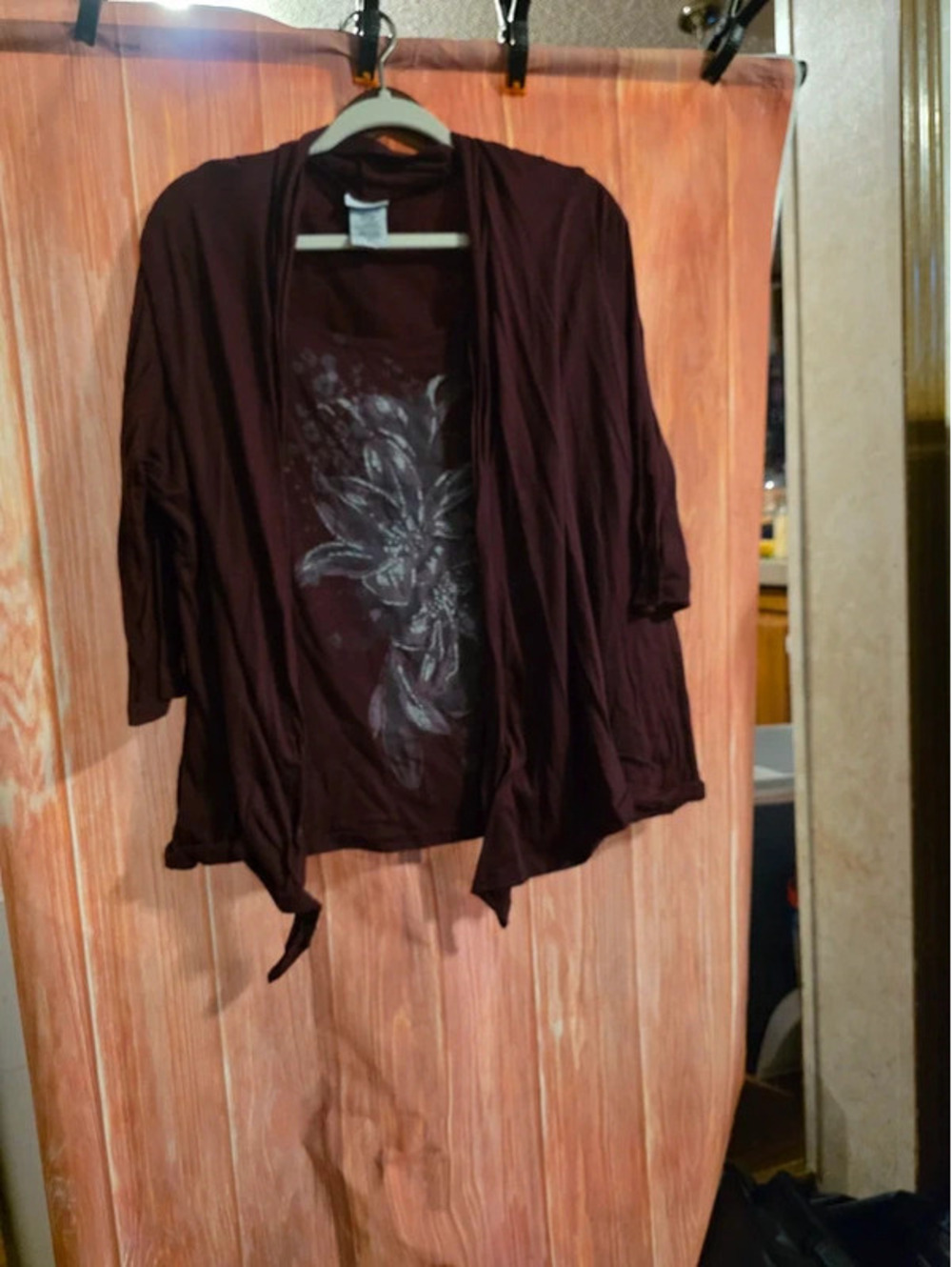 Jaclyn Smith Women's 3X Plum Burgundy 2-in-1 Layered Floral Beaded Cardigan Top